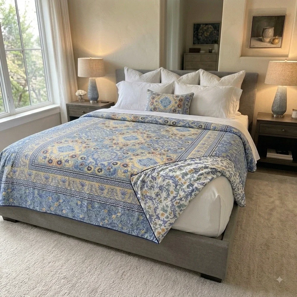 Australian Made Reversible Queen Duvet  Blue and Yellow Floral Pattern 83.5x85